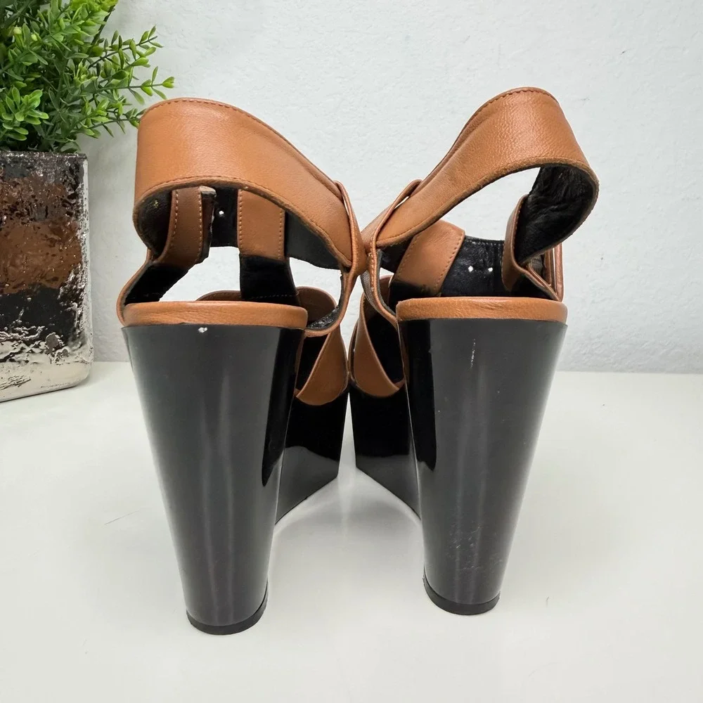 Robert Clergerie Wedge Sandals‎ Tan Leather Platform Architectural 39.5 FR/9US